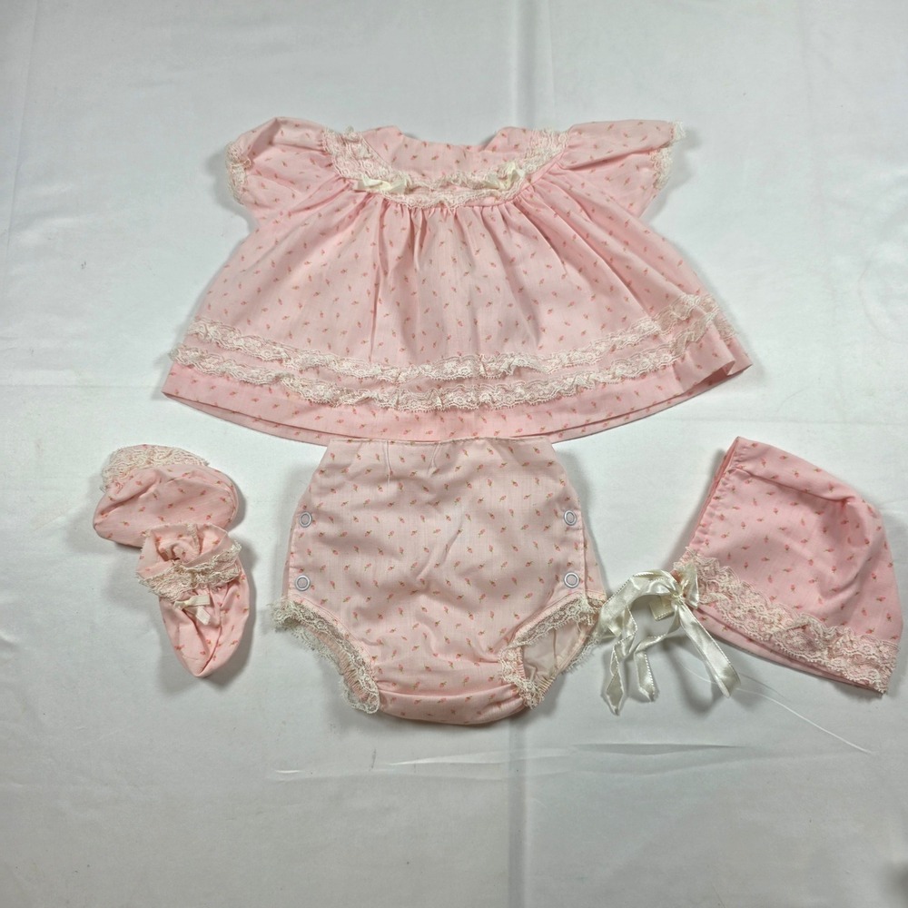 Vintage Alexis Baby Girls Pink Floral Lace 4pc Set Dress Bonnet Booties 0-13 lbs